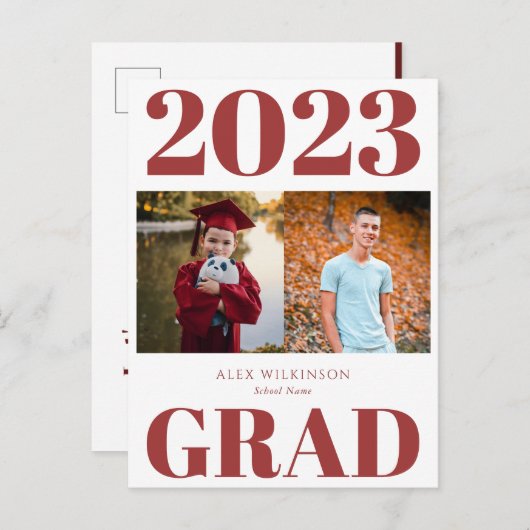 Invitation Carte Postale 2022 Red Modern Simple Script Photo Graduation (Devant / Derrière)