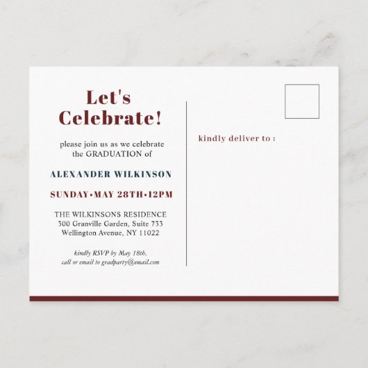 Invitation Carte Postale 2022 Red Modern Simple Script Photo Graduation (Dos)