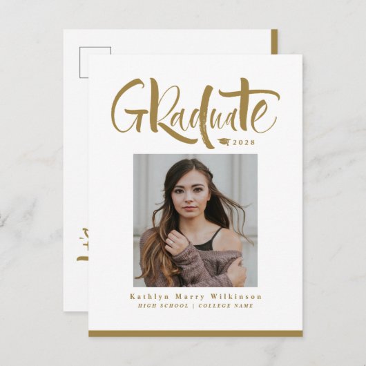 Invitation Carte Postale 2023 Modern Gold Script - Diplôme photo tendance (Devant / Derrière)
