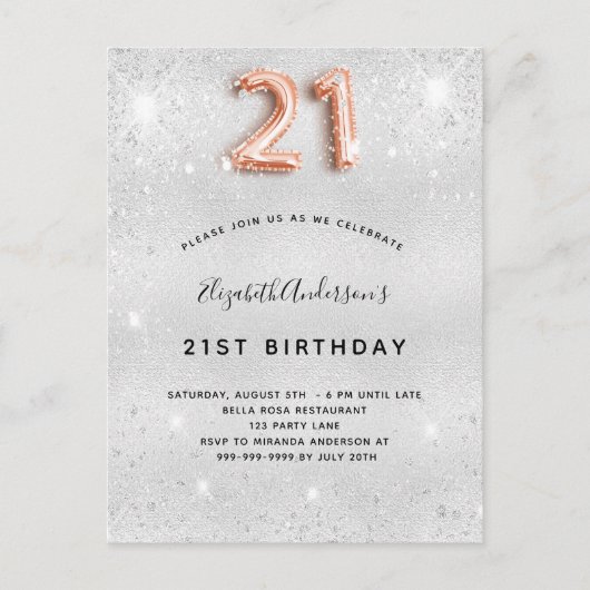 Invitation Carte Postale 21e anniversaire argent or rose (Devant)