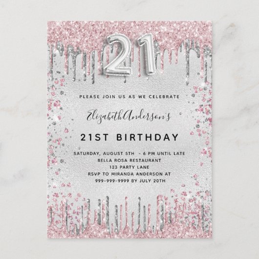 Invitation Carte Postale 21e anniversaire argent rose parties scintillant p (Devant)