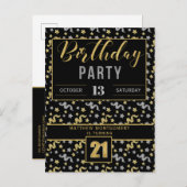 Invitation Carte Postale 21e anniversaire Confetti en Noir et Or (Devant / Derrière)