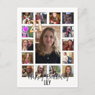 Invitation Carte Postale 21e Anniversaire crème bleu fleur amande