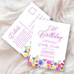 Invitation Carte Postale 21e Anniversaire Fête violet Fleurs sauvages abord<br><div class="desc">Une jolie frontière fleur sauvage décore le fond de cette carte postale d'invitation à 21 ans pour adultes. Les fleurs violettes, bleues, jaunes et oranges créent un design coloré et heureux pour célébrer cet anniversaire marquant. La calligraphie violette moderne et simple ajoute une touche tendance pour la garder fraîche. Le...</div>