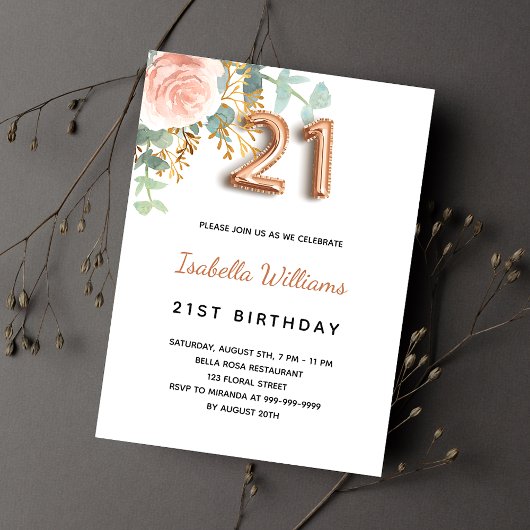 Invitation Carte Postale 21e anniversaire fleurie rose or eucalyptus vert