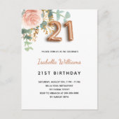 Invitation Carte Postale 21e anniversaire fleurie rose or eucalyptus vert (Devant)