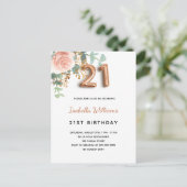 Invitation Carte Postale 21e anniversaire fleurie rose or eucalyptus vert (Debout devant)
