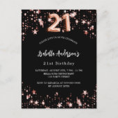 Invitation Carte Postale 21e anniversaire noir rose étoiles d'or (Devant)
