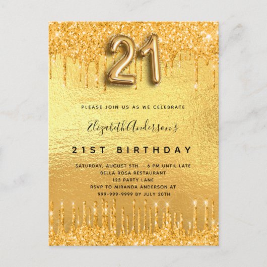 Invitation Carte Postale 21e anniversaire parties scintillant or gouttes (Devant)