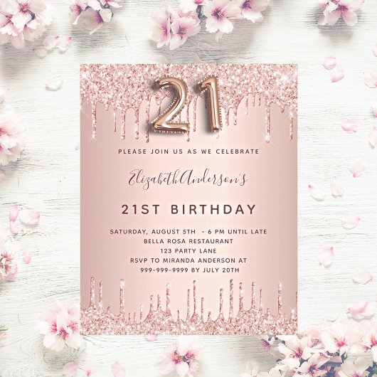 Invitation Carte Postale 21e anniversaire rose or parties scintillant rose