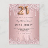 Invitation Carte Postale 21e anniversaire rose poussiéreux parties scintill (Devant)