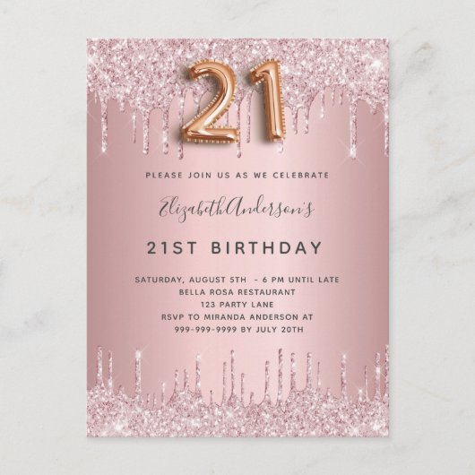 Invitation Carte Postale 21e anniversaire rose poussiéreux parties scintill (Devant)
