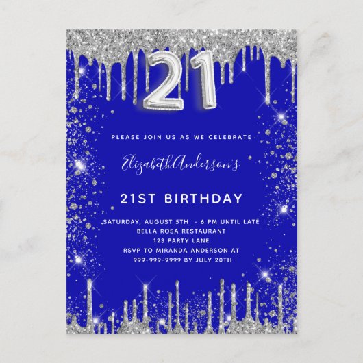 Invitation Carte Postale 21e anniversaire royal bleu argent parties scintil (Devant)