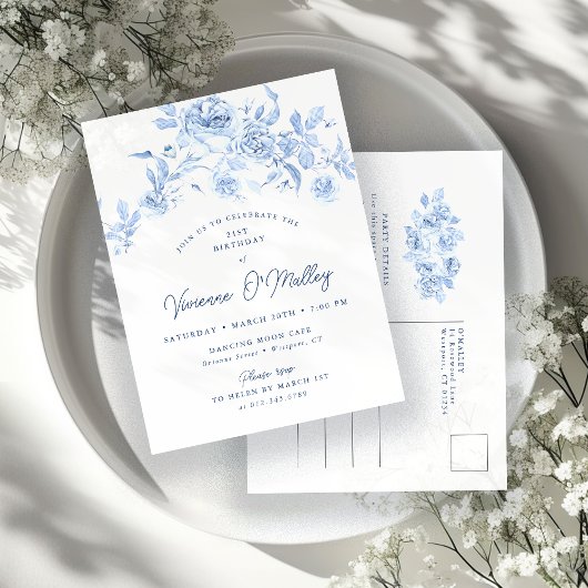 Invitation Carte Postale 21e fête d'anniversaire Dusty Blue Rose Floral