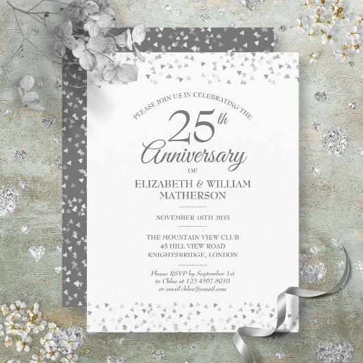 Invitation Carte Postale 25e anniversaire du Mariage Coeurs d'amour d'argen