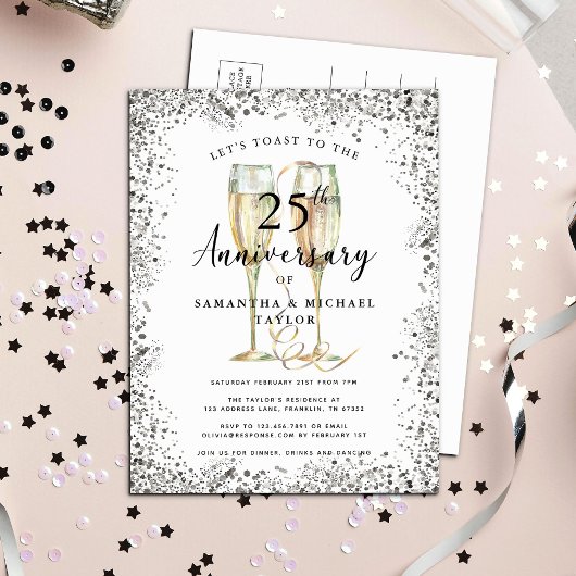 Invitation Carte Postale 25e anniversaire Mariage d'argent moderne