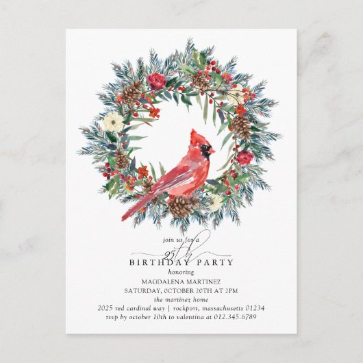 Invitation Carte Postale 25th Birthday Party Red Cardinal Wreath (Devant)