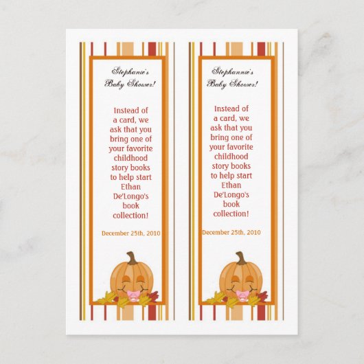 Invitation Carte Postale 2 Marques de livre Automne Citrouille Baby (Devant)