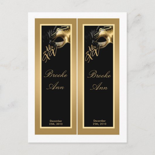 Invitation Carte Postale 2 Marques de livre Mis XV Gold Black Party (Devant)