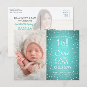 Invitation Carte Postale 2 Photo Sweet 16 Anniversaire bleu Turquoise Enreg
