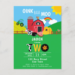 Invitation Carte Postale 2e anniversaire de la ferme Animaux Oink Baa Moo C