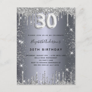 Invitation Carte Postale 30e anniversaire argent métal parties scintillant 
