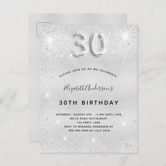 Invitation Carte Postale 30e anniversaire argent parties scintillant glamou (Devant / Derrière)