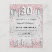 Invitation Carte Postale 30e anniversaire argent rose gouttes de parties sc (Devant)