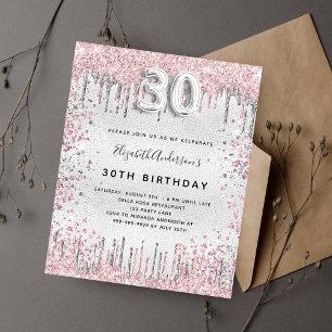Invitation Carte Postale 30e anniversaire argent rose gouttes de parties sc