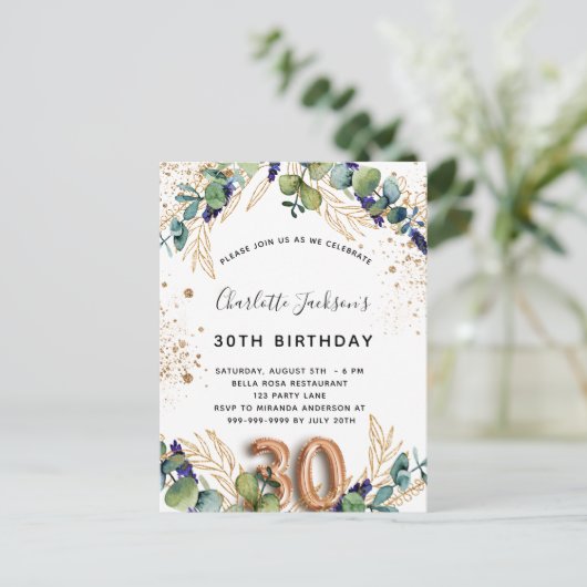 Invitation Carte Postale 30e anniversaire eucalyptus parties scintillant ve (Debout devant)