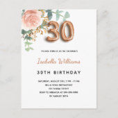 Invitation Carte Postale 30e anniversaire fleurie rose or eucalyptus vert (Devant)