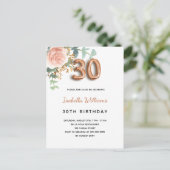 Invitation Carte Postale 30e anniversaire fleurie rose or eucalyptus vert (Debout devant)