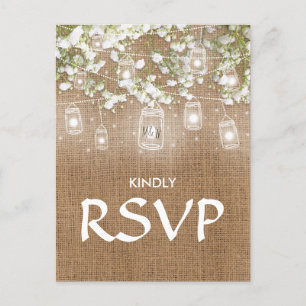 Invitation Carte Postale 3 Entree Choice RSVP Baby's Breath Rustic Burlap