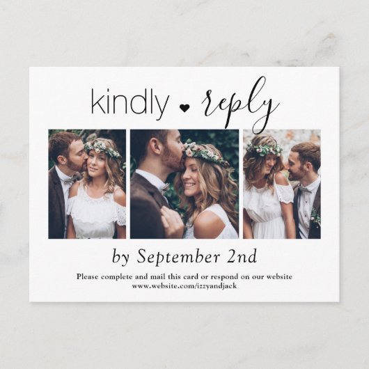 Invitation Carte Postale 3 Photo Simple Script Mariage élégant Kindly RSVP (Devant)