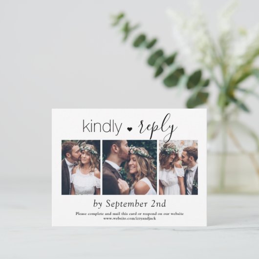 Invitation Carte Postale 3 Photo Simple Script Mariage élégant Kindly RSVP (Debout devant)