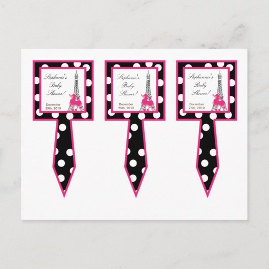 Invitation Carte Postale 3 Tasse Gâteaux Pique Pink Poodle Paris Tour Eiffe (Devant)