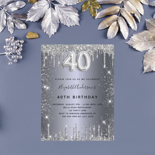 Invitation Carte Postale 40e anniversaire argent métal parties scintillant