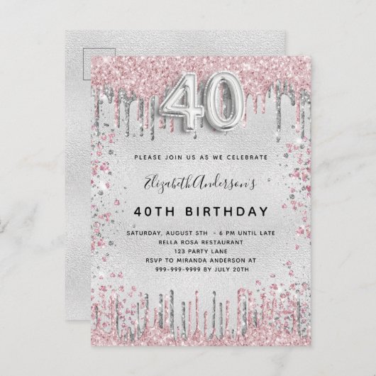 Invitation Carte Postale 40e anniversaire argent rose parties scintillant p (Devant / Derrière)