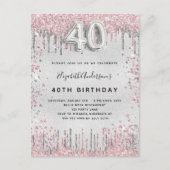 Invitation Carte Postale 40e anniversaire argent rose parties scintillant p (Devant)