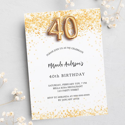Invitation Carte Postale 40e anniversaire blanc confetti élégant or