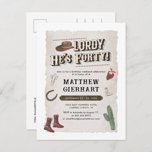 Invitation Carte Postale 40e anniversaire Cowboy Rodeo Party Retro (Devant / Derrière)