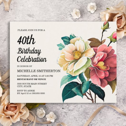 Invitation Carte Postale 40e anniversaire des femmes Roses blanches rouges