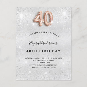 Invitation Carte Postale 40e anniversaire parties scintillant or argent