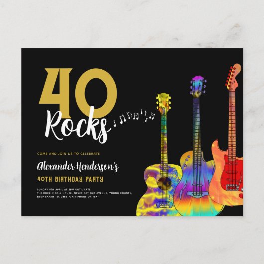 Invitation Carte Postale 40e fête d'anniversaire 40 Rocks Guitare (Devant)