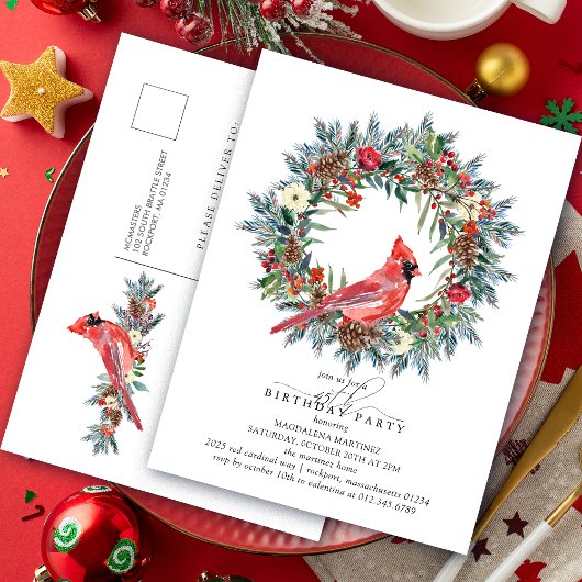 Invitation Carte Postale 45th Birthday Party Red Cardinal Wreath
