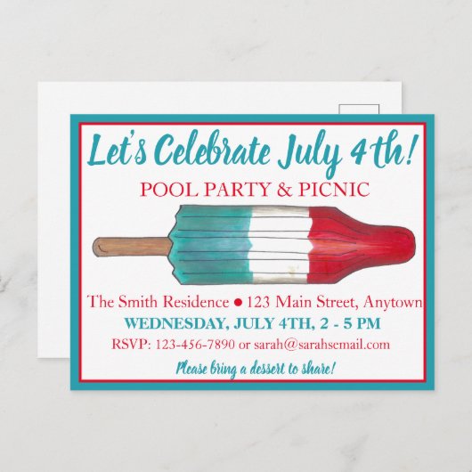 Invitation Carte Postale 4 juillet Feu d'artifice Rocket Pop Popsicle (Devant / Derrière)