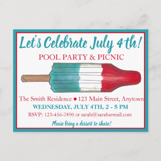 Invitation Carte Postale 4 juillet Feu d'artifice Rocket Pop Popsicle (Devant)