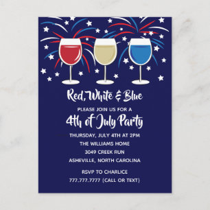 Invitation Carte Postale 4 juillet partie blanche et bleue de vin rouge