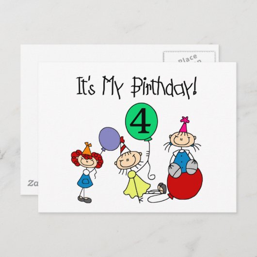 Invitation Carte Postale 4e Stick Kids Party Anniversaire Tshirts et cadeau (Devant / Derrière)