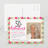 Invitation Carte Postale 50 & Fabuleux Anniversaire Or rose Floral (Devant / Derrière)